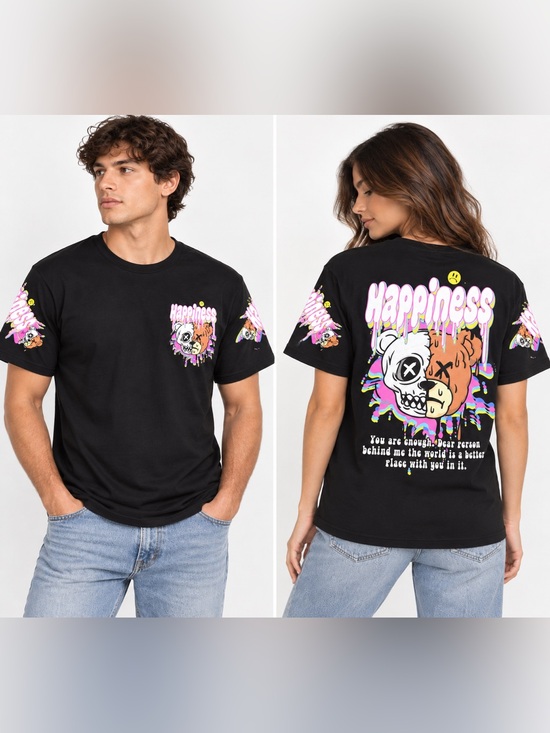 Fresh Laundry Tops - Fresh Laundry “Happiness” Skull Bear Graphic T-Shirt Unisex Y2K – Black – Size M